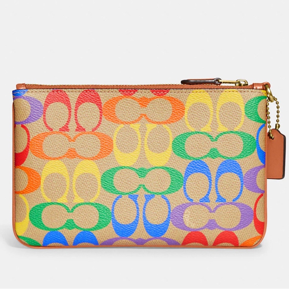 🌈 Coach Small Wristlet In Rainbow Signature Canvas - Brass/Tan Natural Multi - Picture 8 of 10